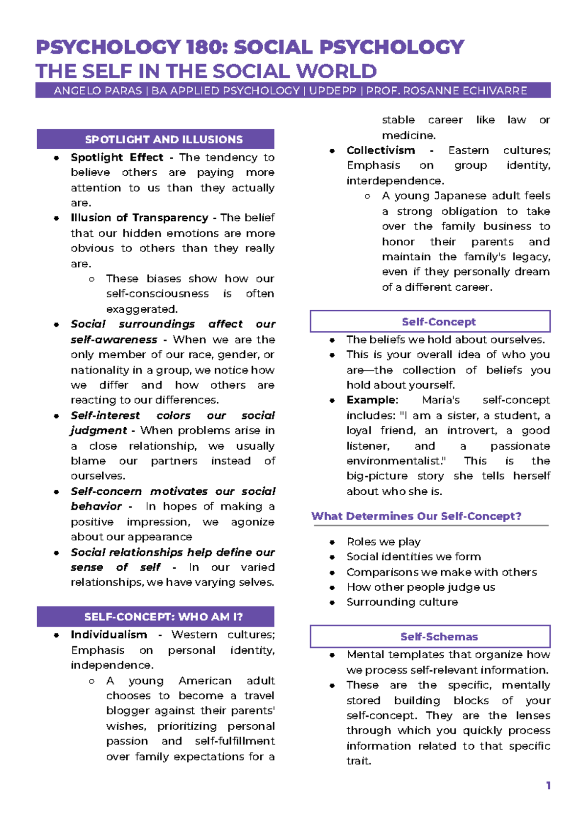 PSYCHOLOGY 180: SOCIAL PSYCHOLOGY - CHAPTER 2 NOTES ON THE SELF - Studocu