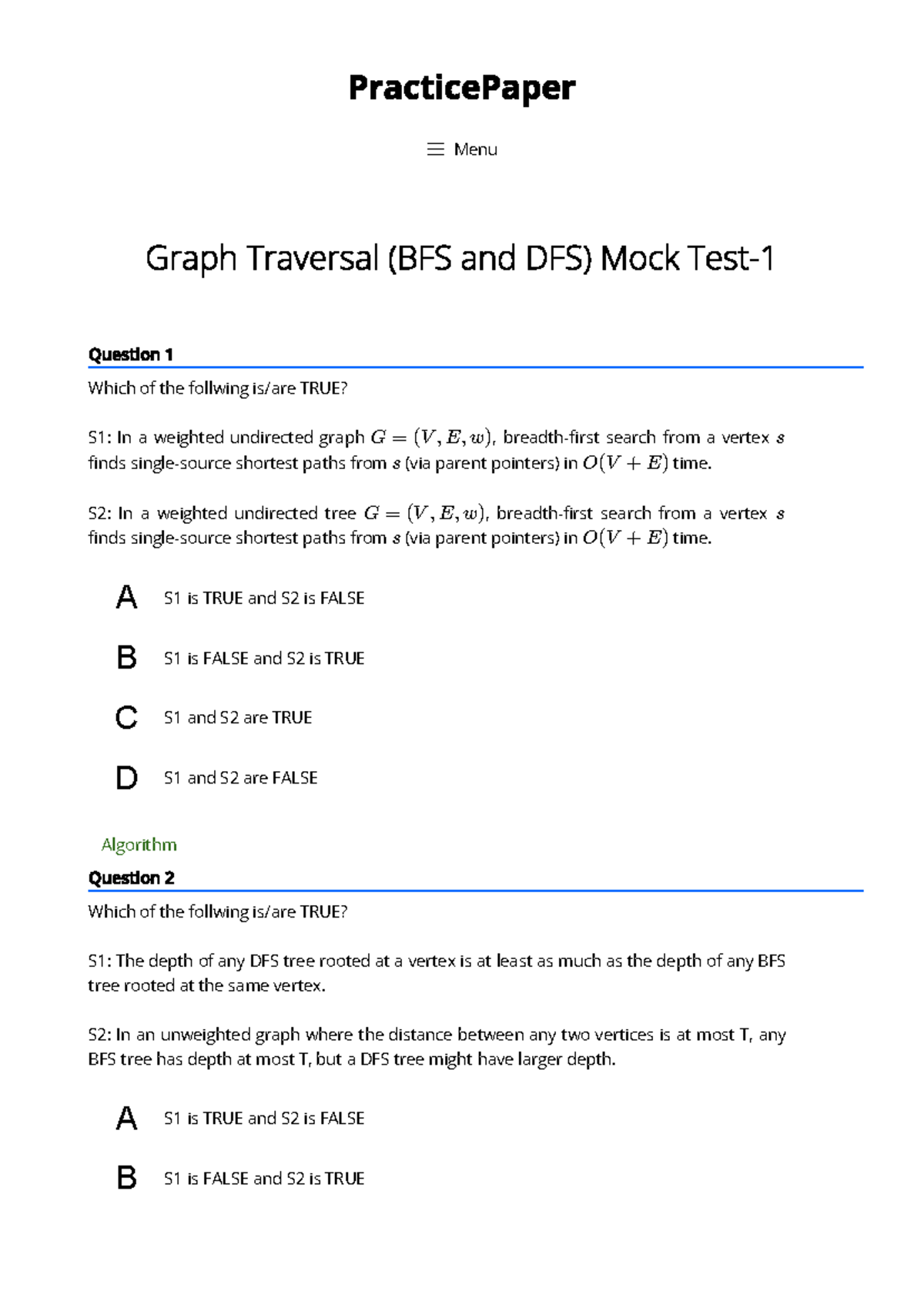 Graph Traversal (BFS and DFS) Mock Test-1 - Practice Paper - S1 is TRUE ...