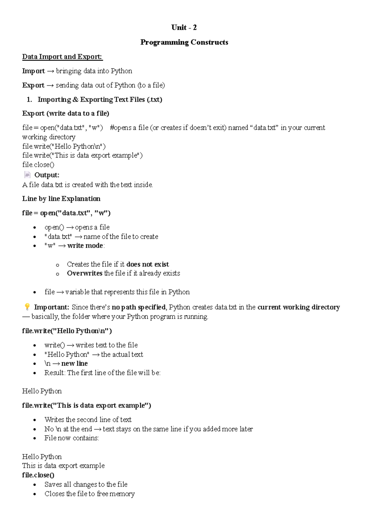 Unit 2 (AI & ML) Programming Constructs: Data Import & Export ...