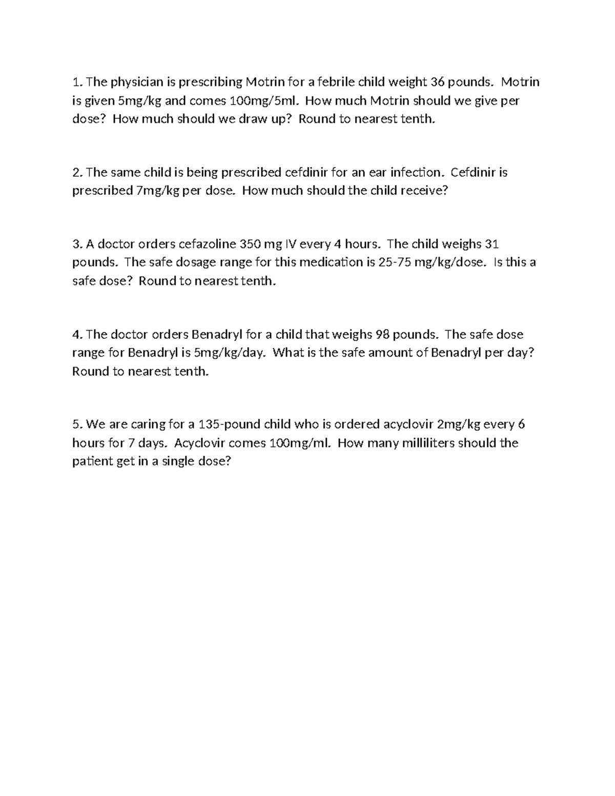 Week 1 Practice Math: Pediatric Dosage Calculations - Studocu