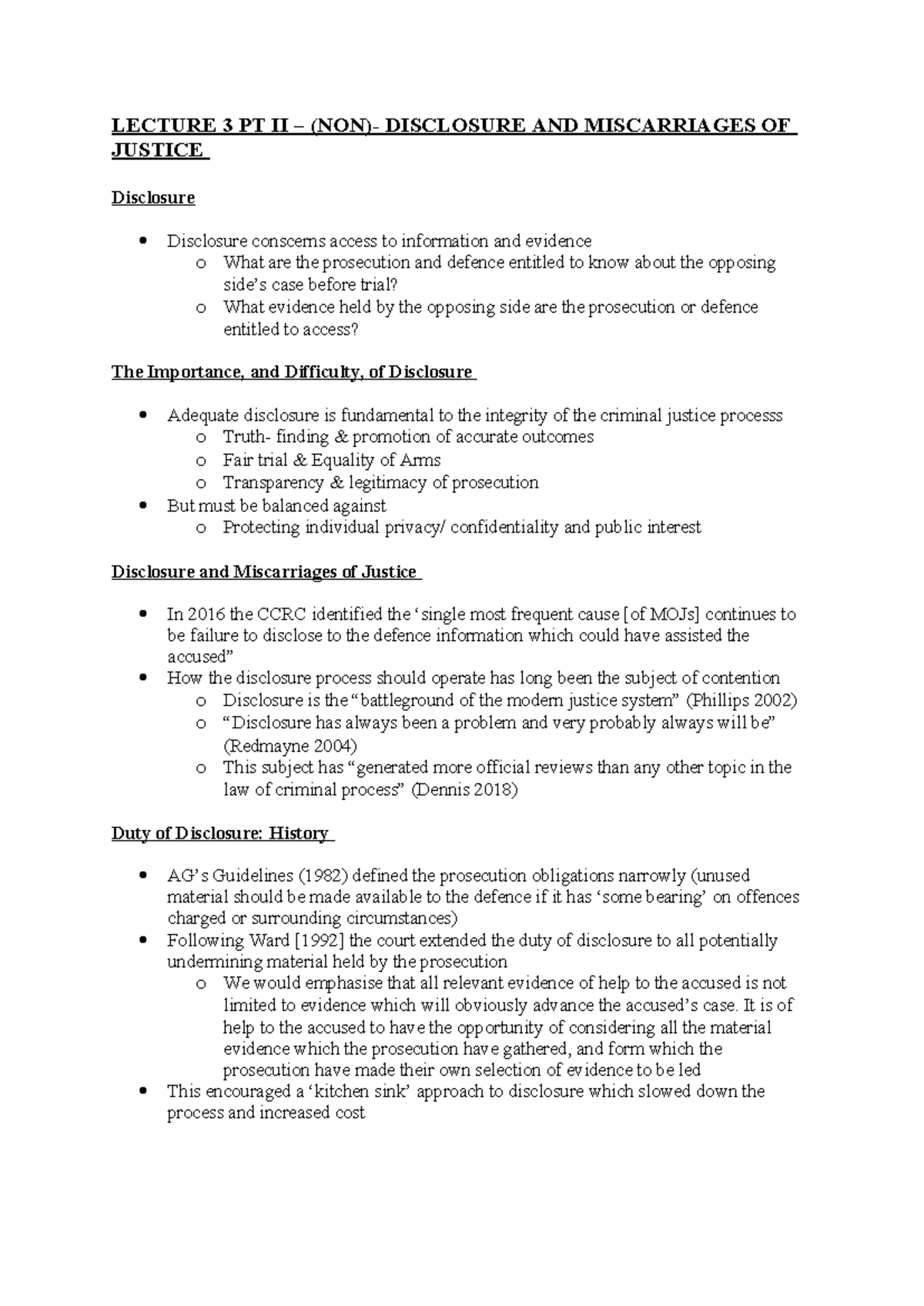 LECTURE 3 PT II: DISCLOSURE AND MISCARRIAGES OF JUSTICE - Studocu