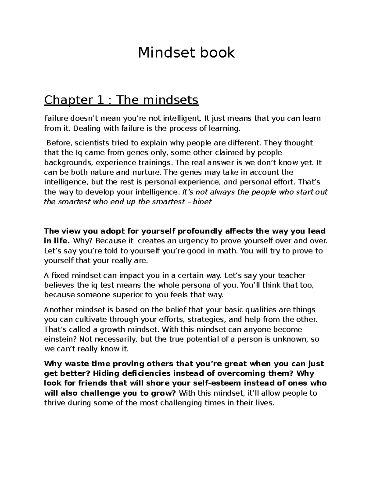 Mindset by Dweck: Chapter 1 Insights on Growth vs. Fixed Mindsets - Studocu