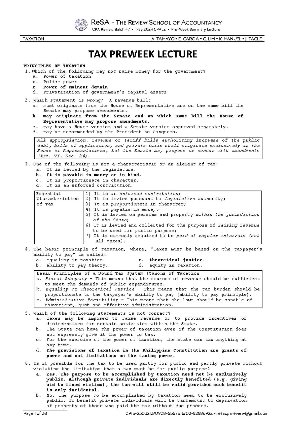ReSA CPA Review Batch 47 May 2024 Taxation Preweek Lecture Notes - Studocu