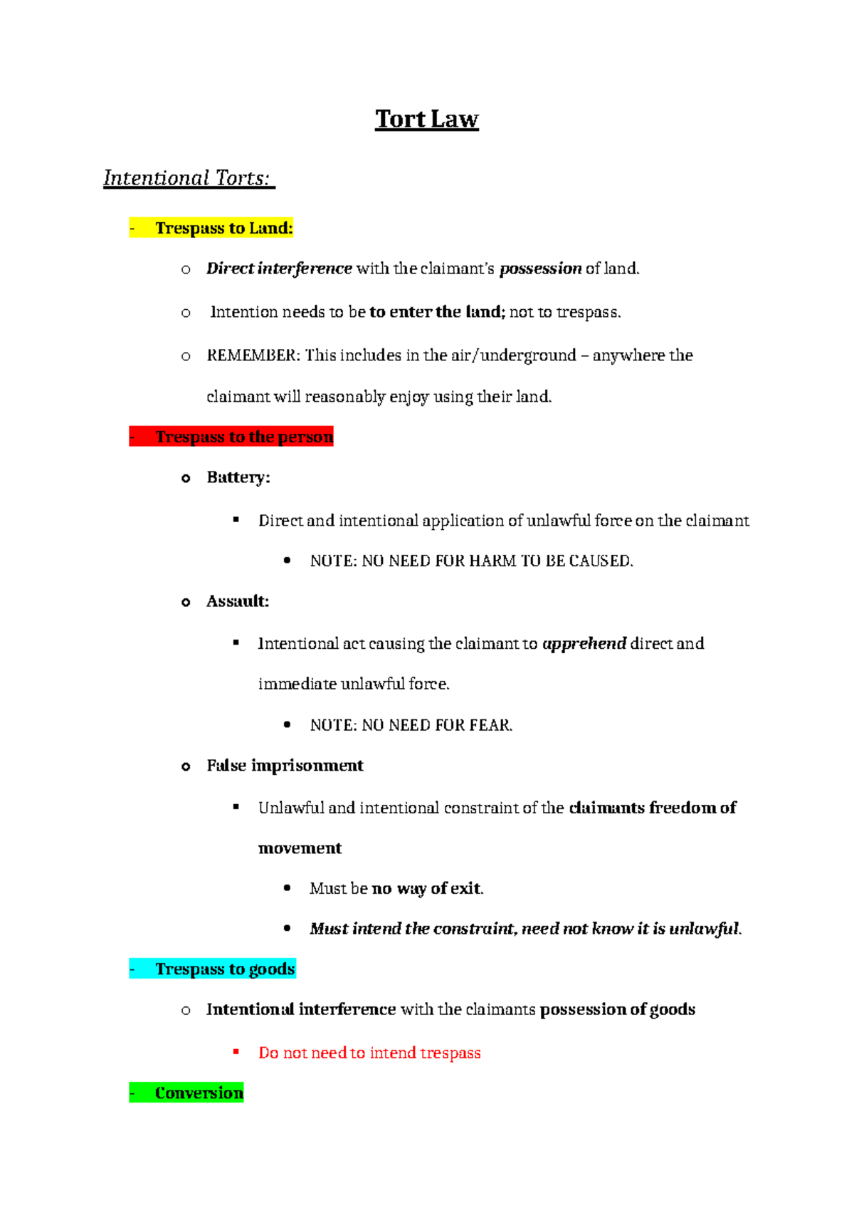 Tort Law Revision Notes: Intentional Torts Overview (002) - Studocu