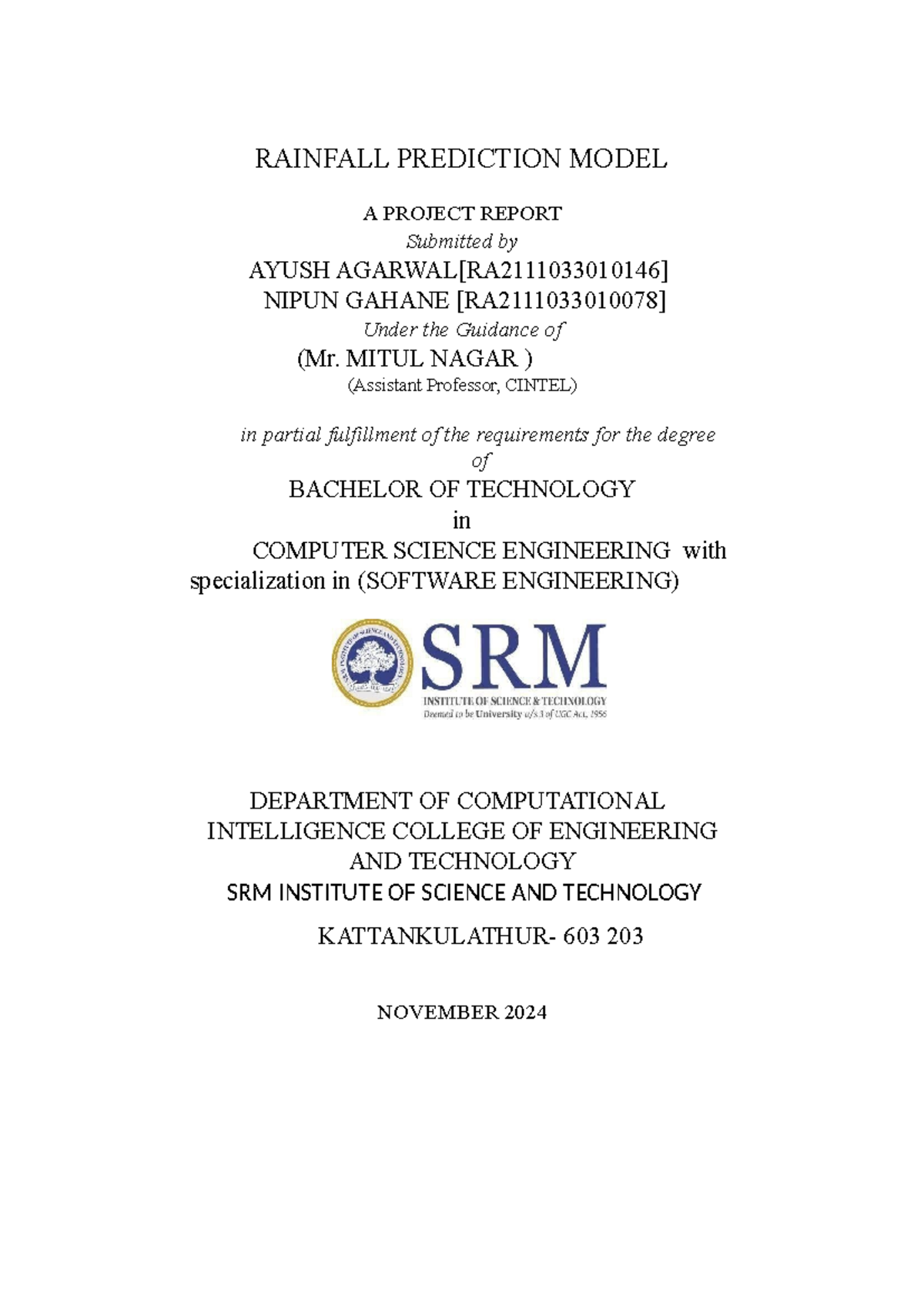 BTECH 18CSP107L Final Project Report on Rainfall Prediction Model - Studocu