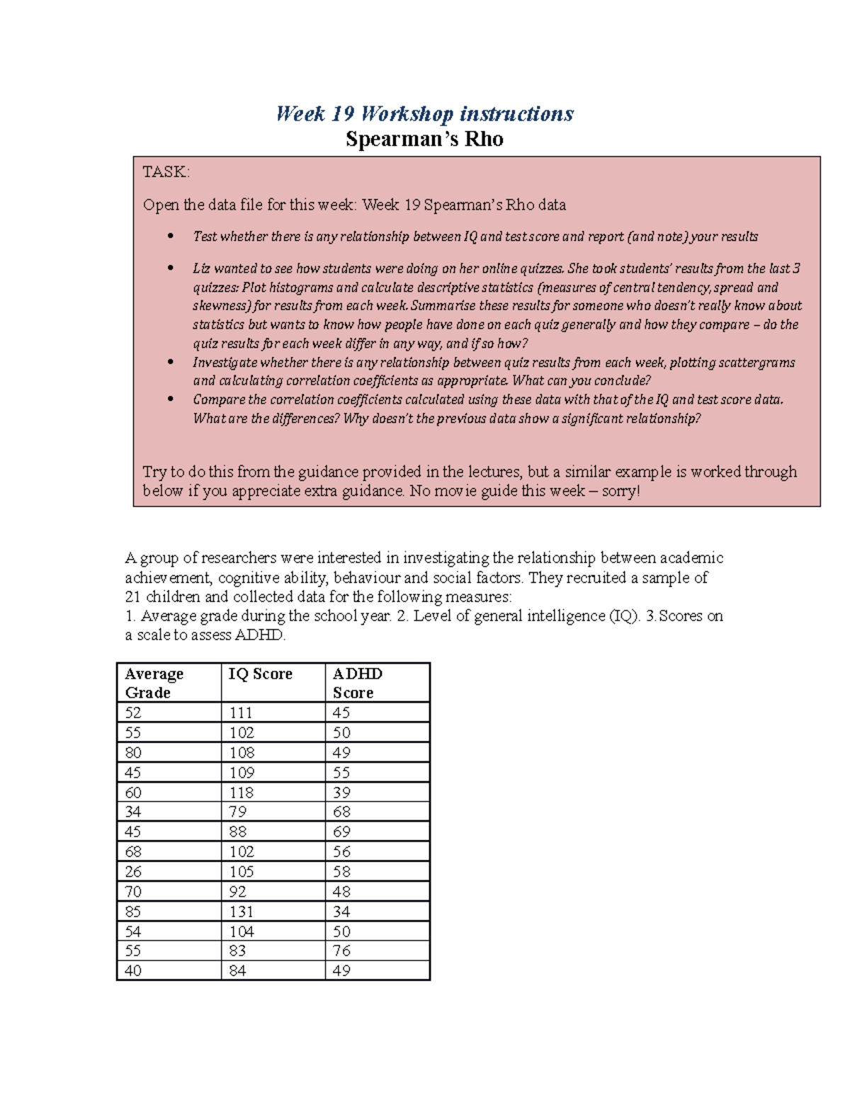Week 19 Spearman¹s Rho - Spearmans Rho help sheet and guide - Week 19 ...