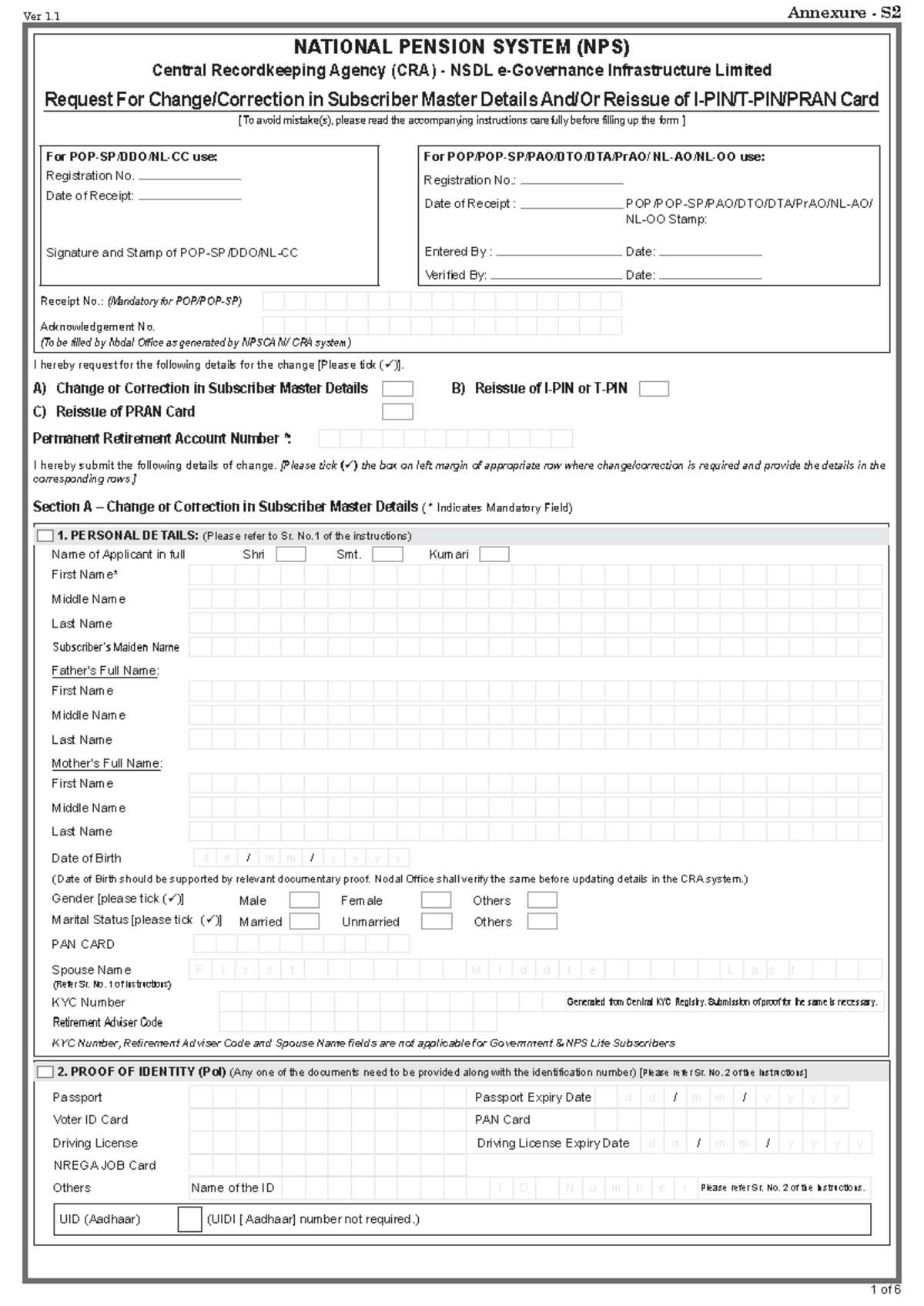NPS Subscriber Master Details Update Request Form (Annexure S2 Ver 1.1 ...