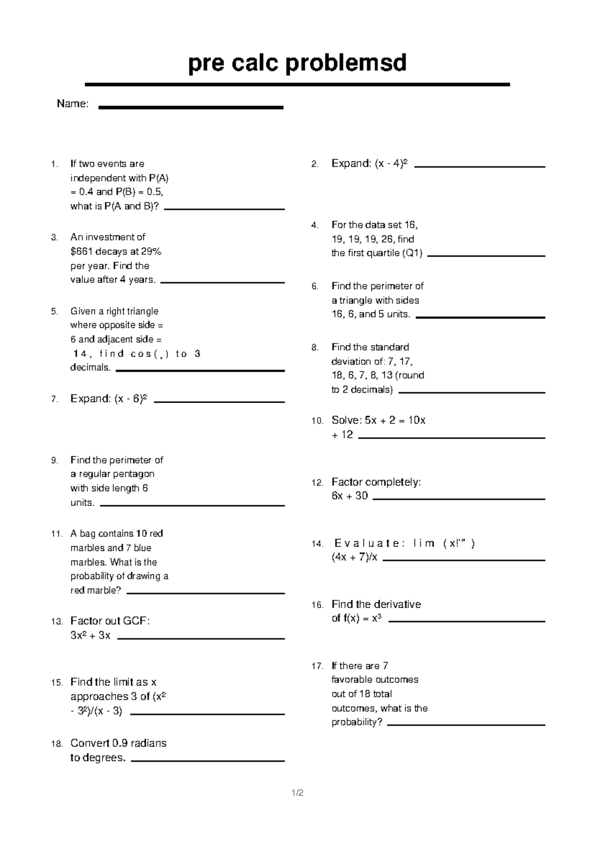 Precalc Problems: Practice Questions and Solutions - Studocu