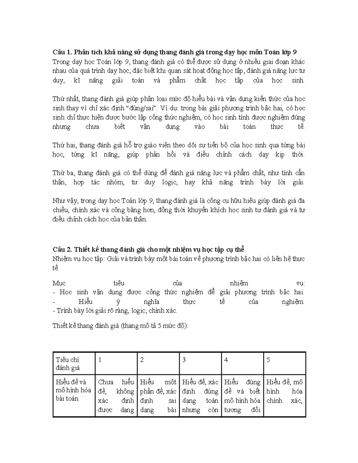 Bai tap Thang danh gia Toan9 - Câu 1. Phân tích khả năng sử dụng thang ...
