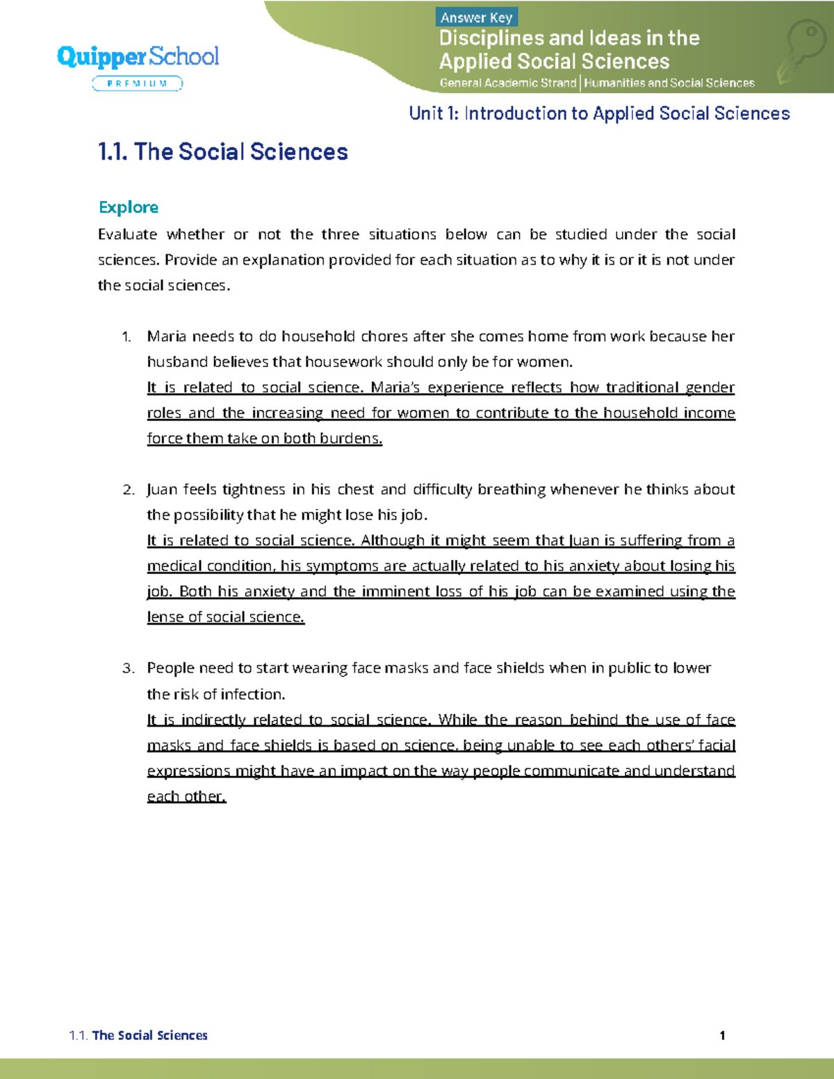 DIA 12 Q1 0101 AK - Answer Key for Applied Social Sciences Unit 1 - Studocu
