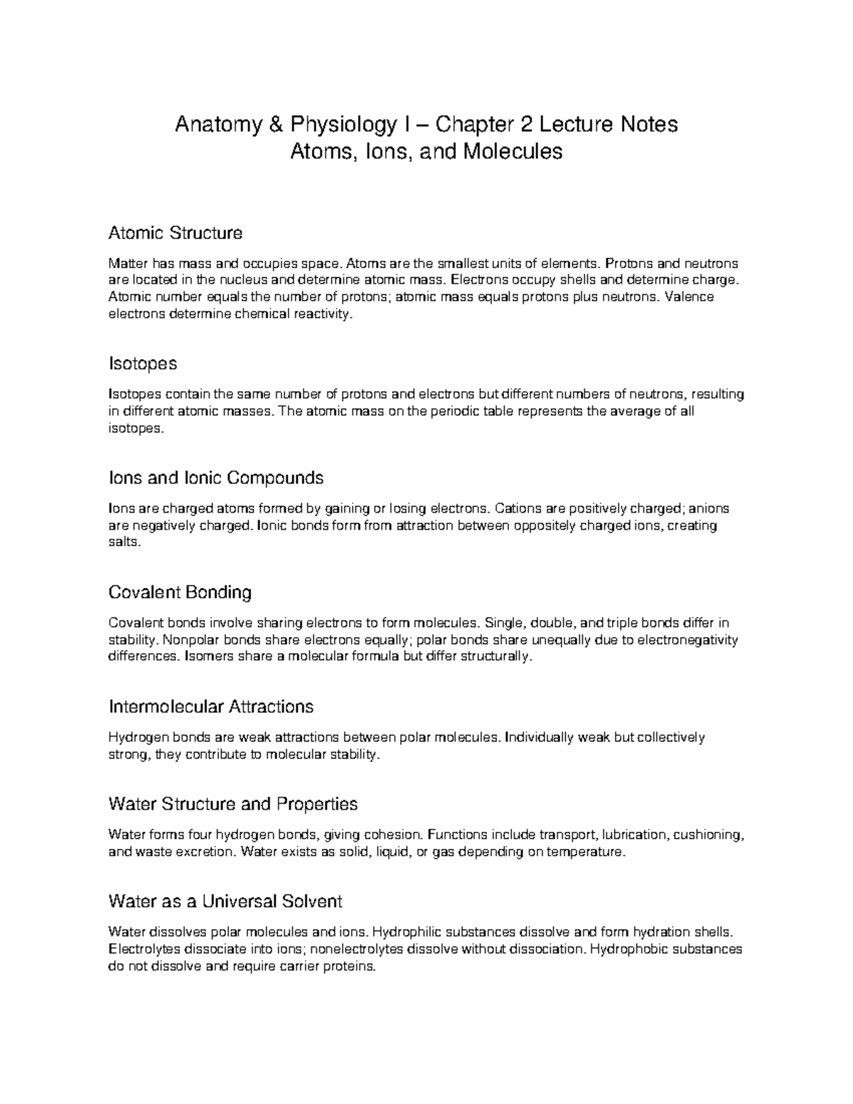 Anatomy Physiology I Chapter 2 Lecture Notes: Atoms, Ions & Molecules ...