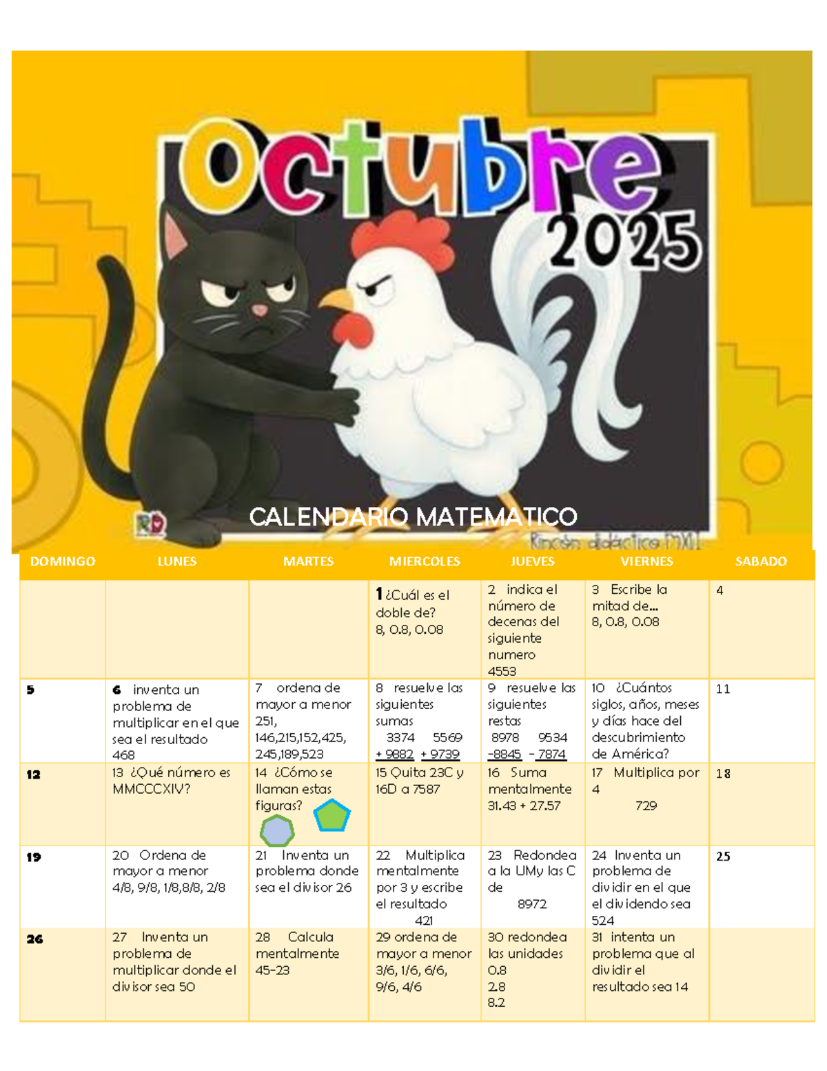 CALENDARIO MATEMÁTICO: Ejercicios y Problemas de Matemáticas - Studocu