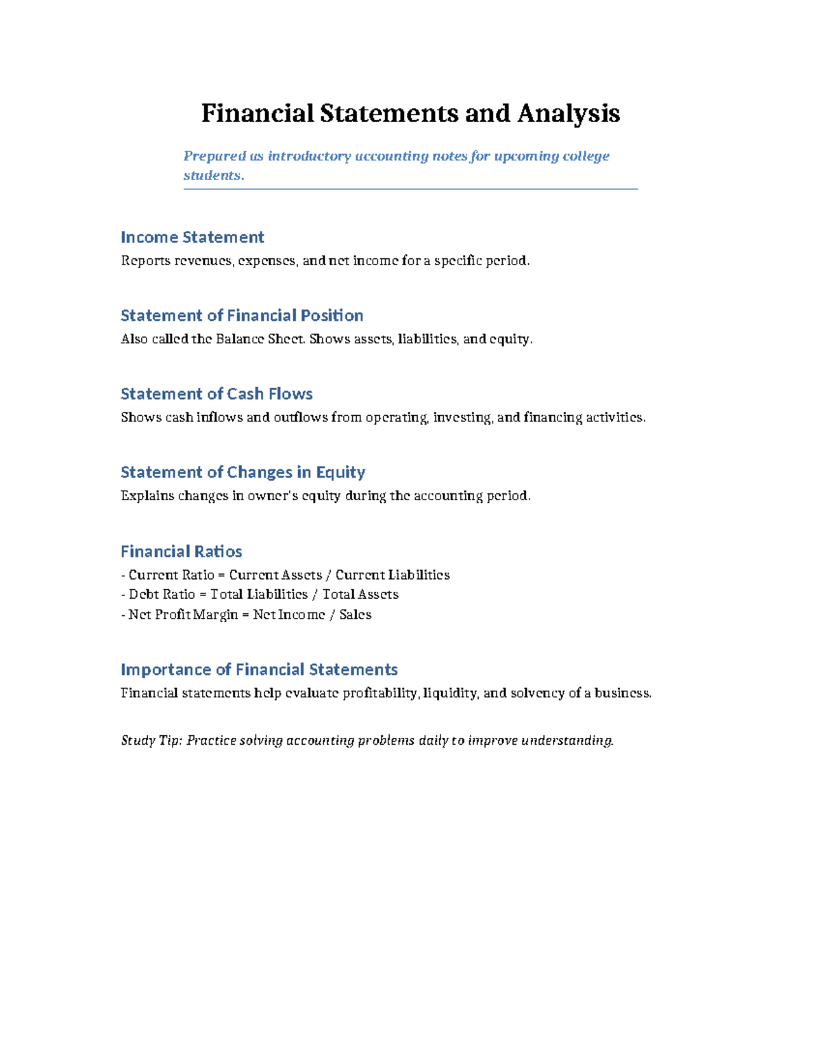 Financial Statements & Analysis: Introductory Accounting Notes - Studocu