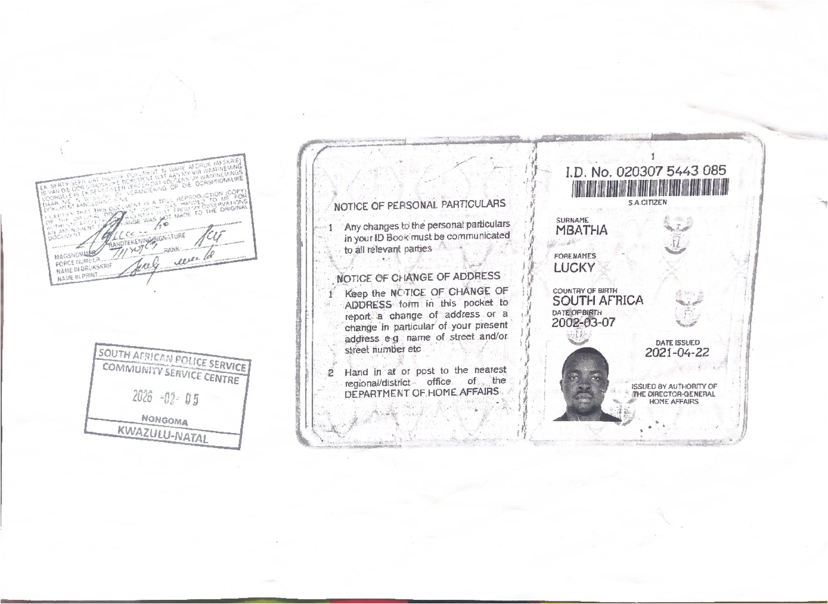 NOTICE OF CHANGE OF PERSONAL PARTICULARS - ID No. 020307 5443 085 - Studocu