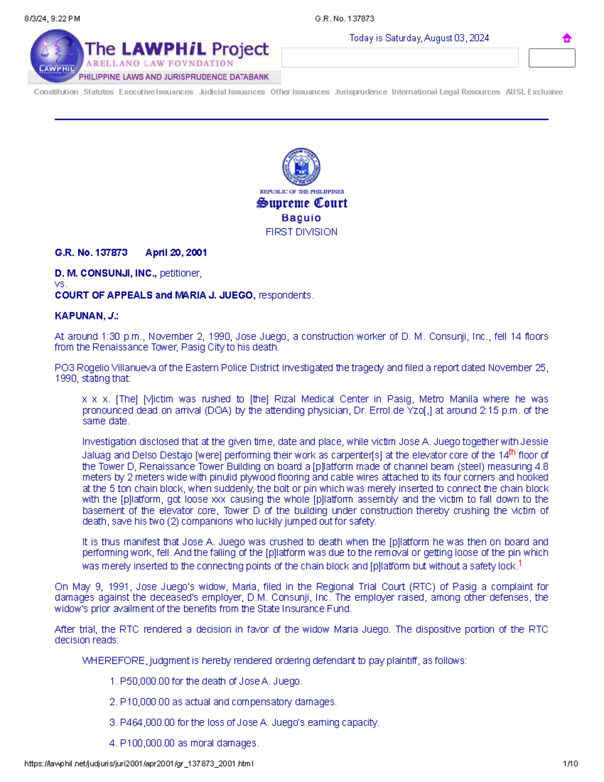 G.R. No. 137873 Case Analysis: Negligence and Res Ipsa Loquitur - Studocu