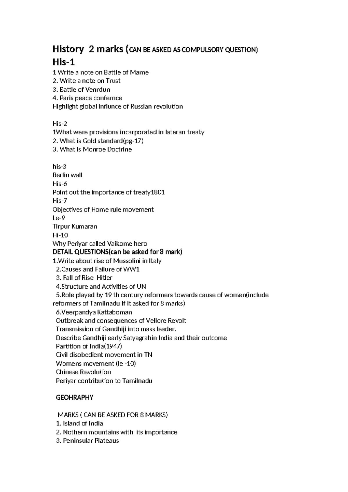 History 2 Marks: Key Topics & Questions for Compulsory Exam Review ...
