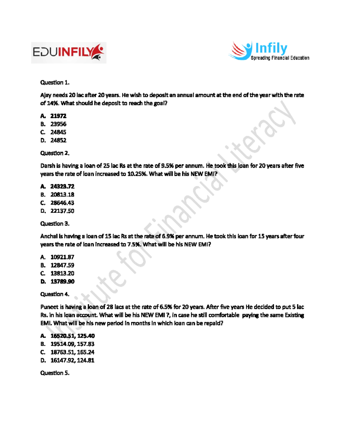 EDUINFILY Loan Questions - Financial Planning & EMI Calculations - Studocu