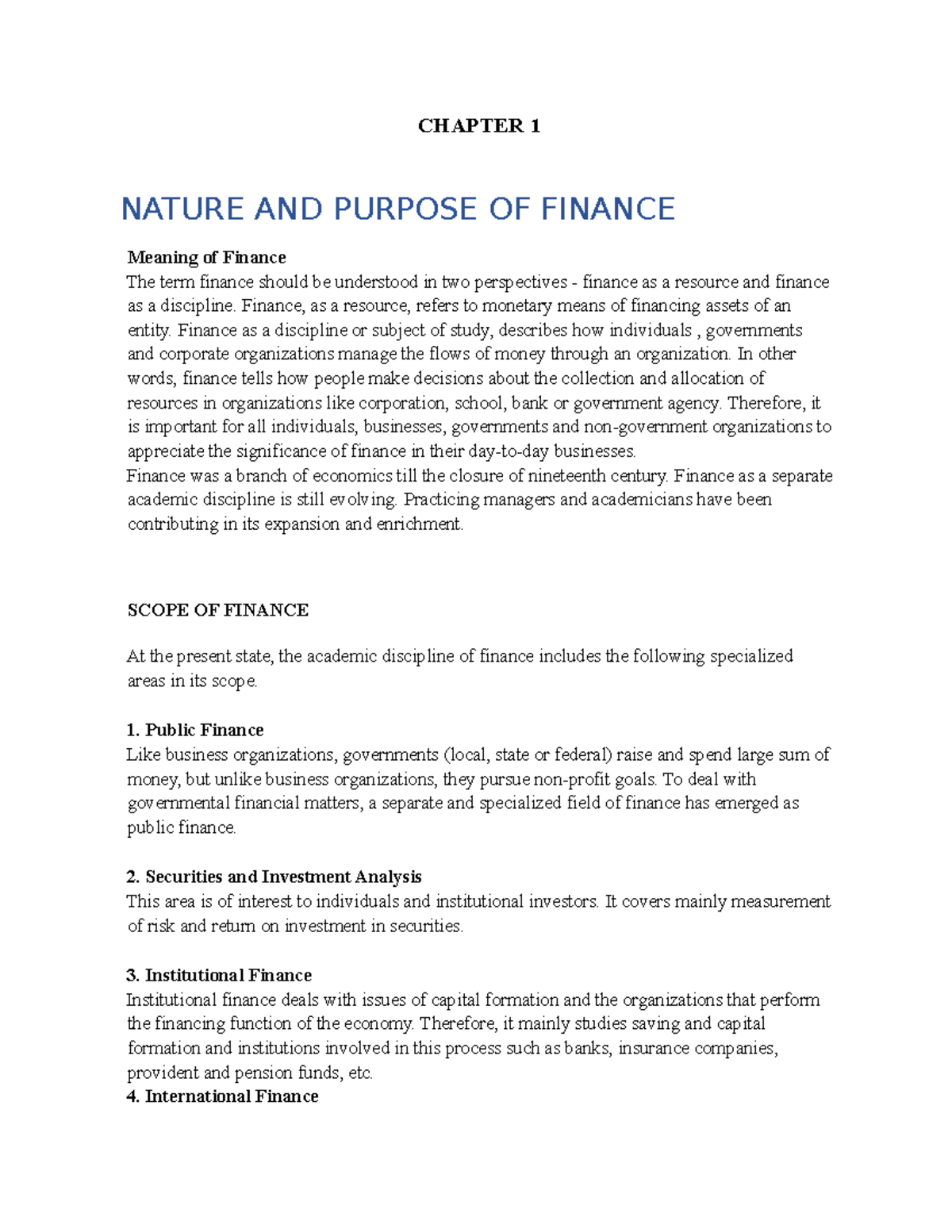 Chapter 1&2 FOF - CHAPTER 1 NATURE AND PURPOSE OF FINANCE Meaning of ...