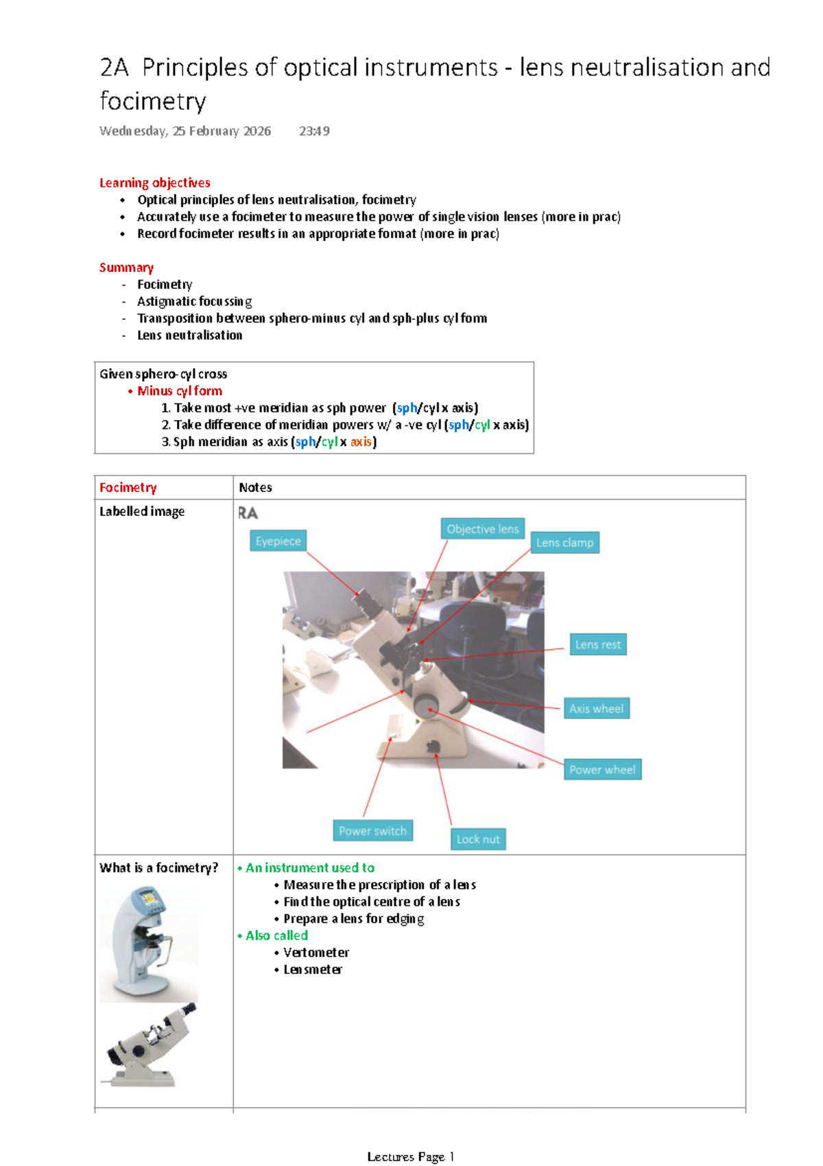 UC 2A Final Exam Notes: Lens Neutralisation & Focimetry Principles ...