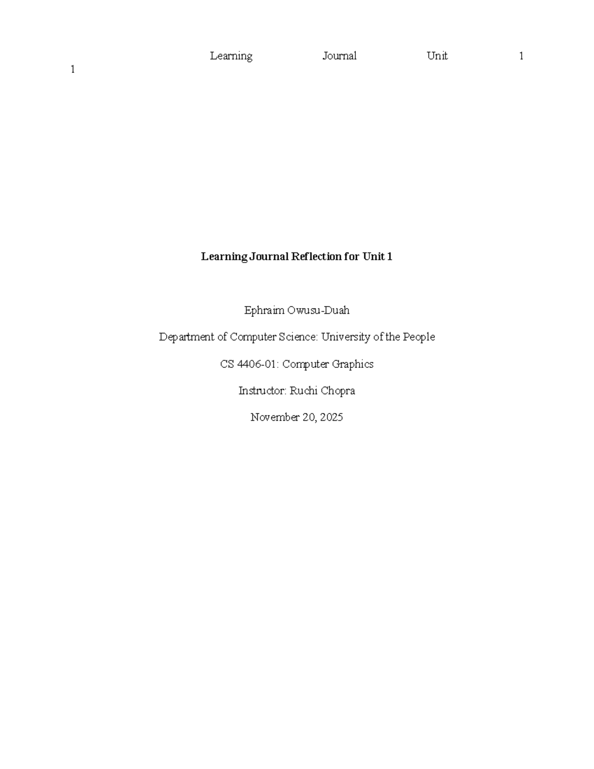 Learning Journal Reflection for Unit 1 - CS Computer Graphics - Studocu