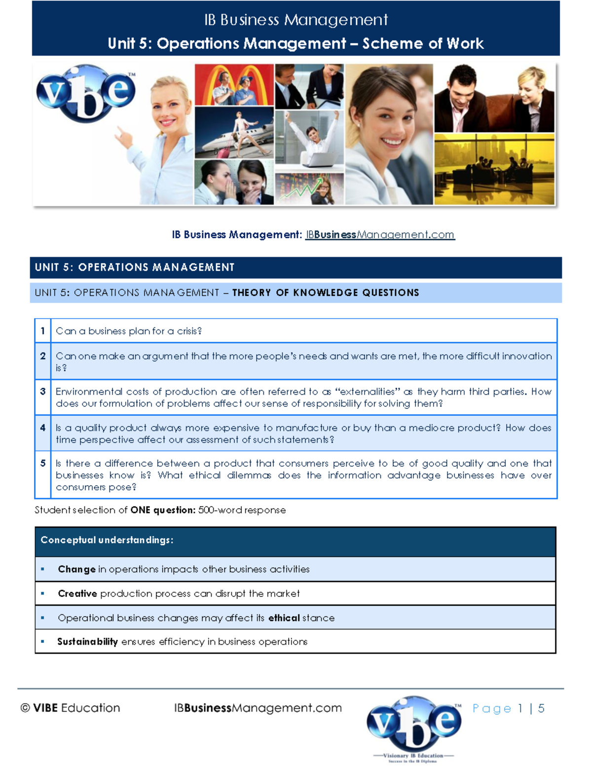IB Business Management: Unit 5 Operations Management Scheme of Work ...