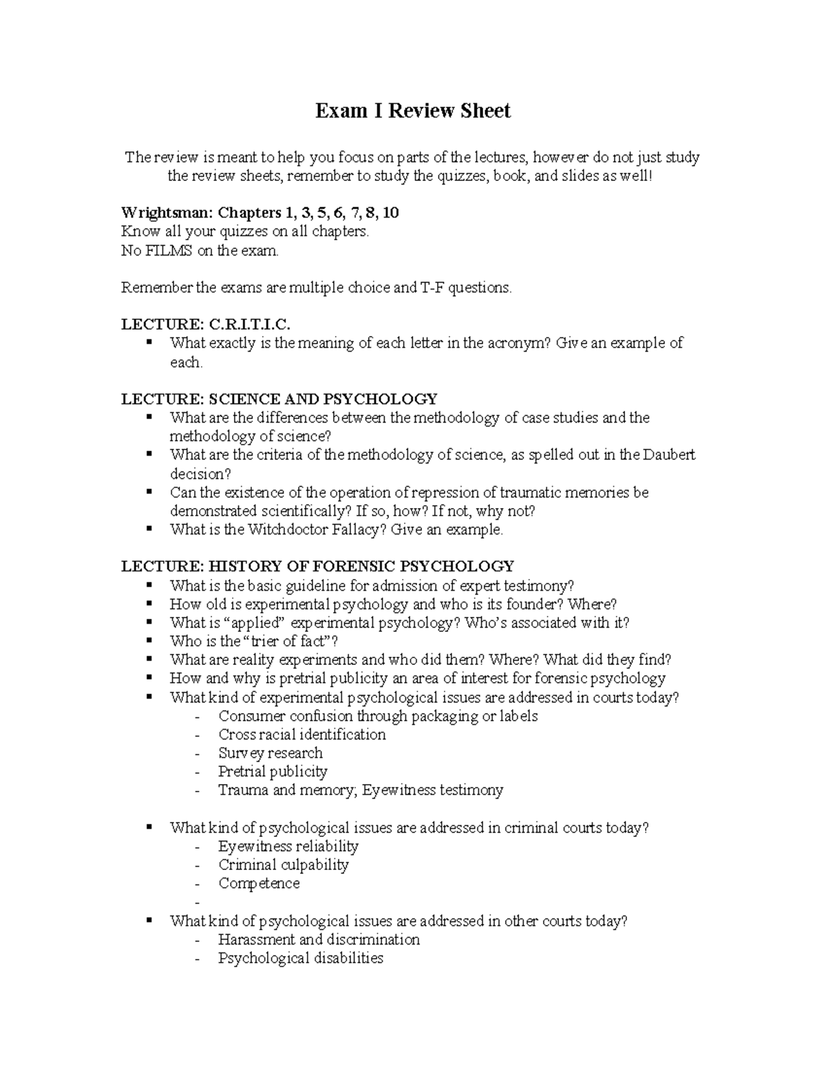 PS354 Exam I Review Guide with Key Concepts and Lecture Highlights ...