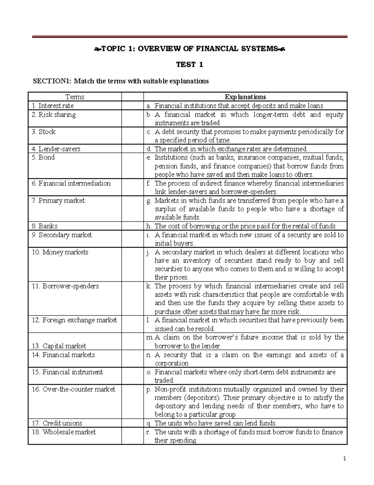Finance 101: Practice Test on Financial Systems and Intermediaries ...