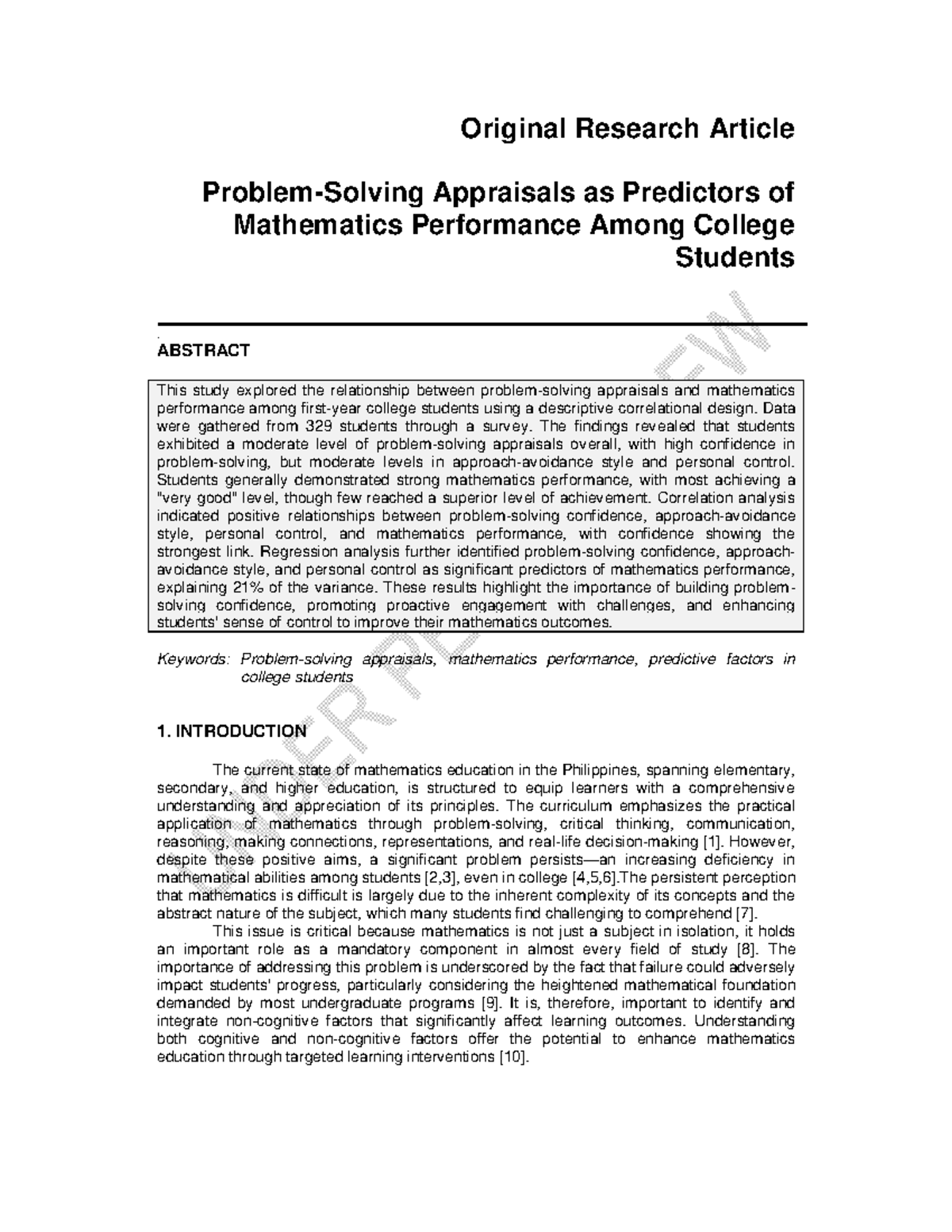 Mathematics Performance Predictors: Appraisals Among College Students ...