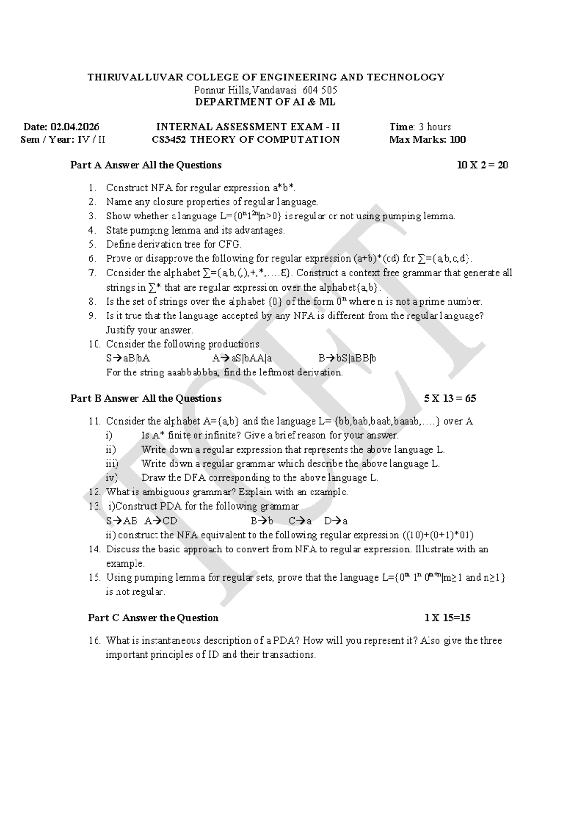 CS3452 Theory of Computation Internal Assessment Exam II - Studocu