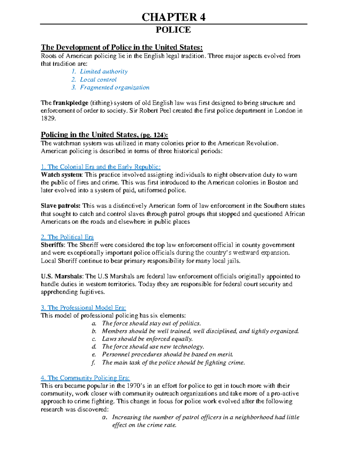 Chapter 4 Lecture Notes - CHAPTER 4 POLICE The Development of Police in ...