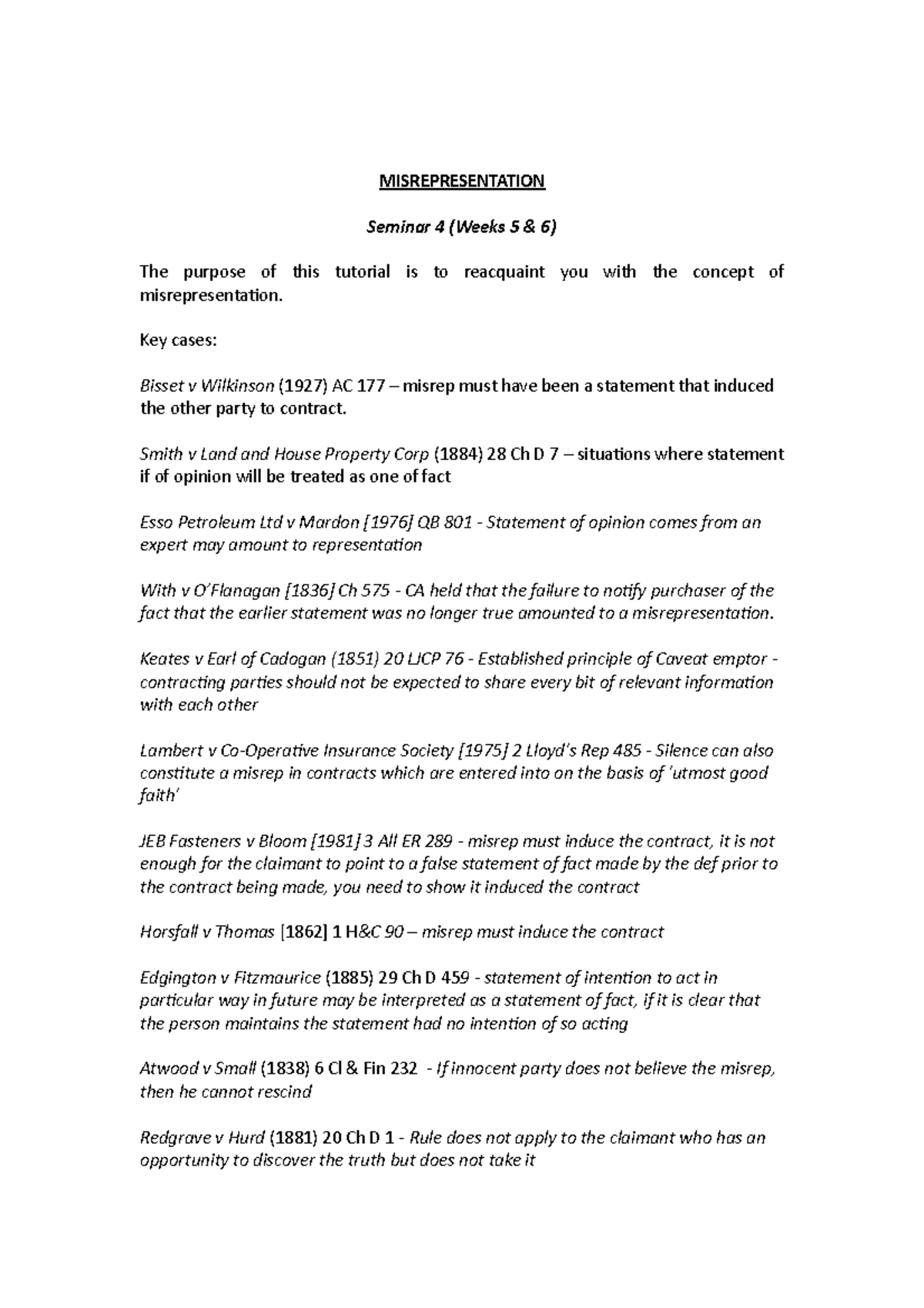 Contract law, Tutorial 4 misrepresentation - MISREPRESENTATION Seminar ...