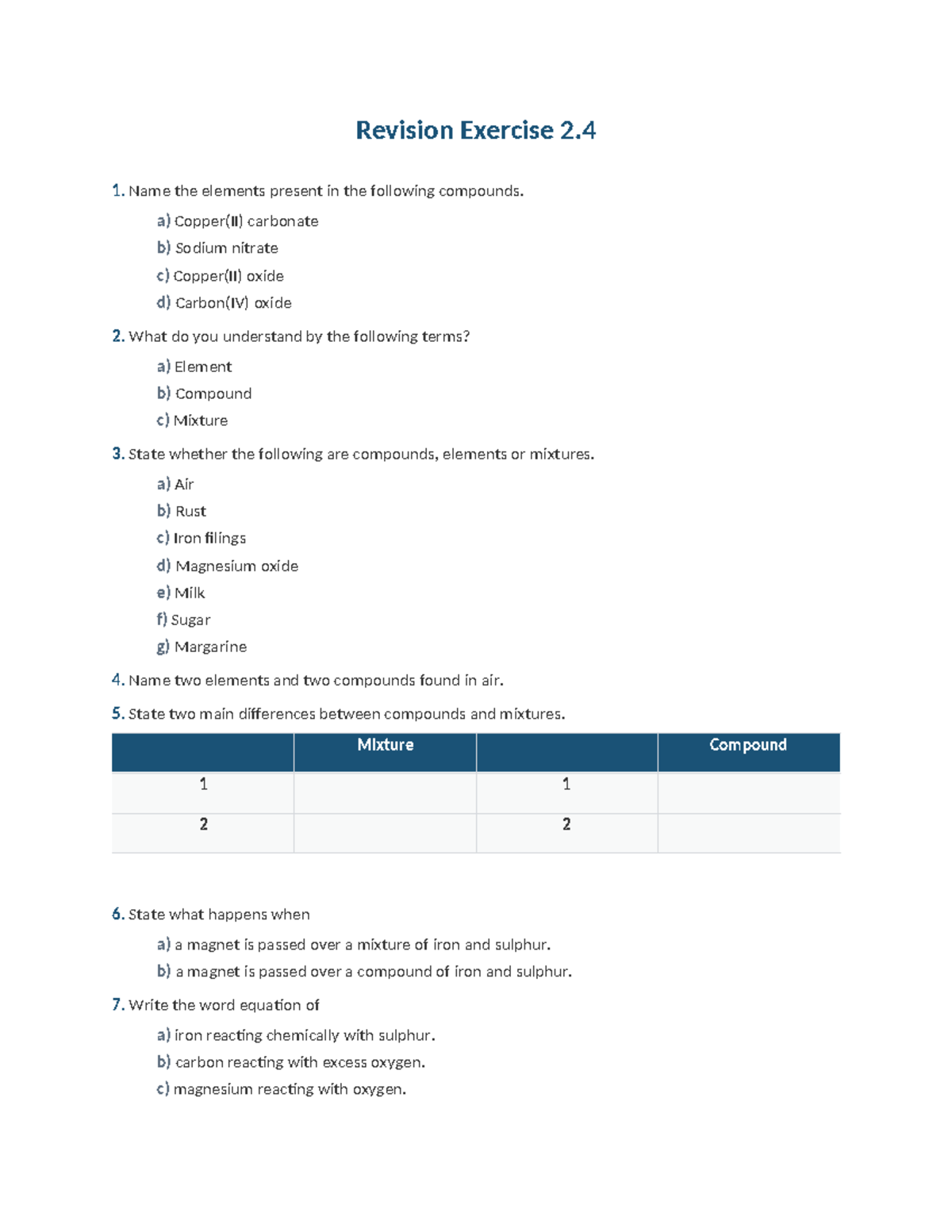 Revision Exercise 2: Elements, Compounds, and Mixtures - Studocu