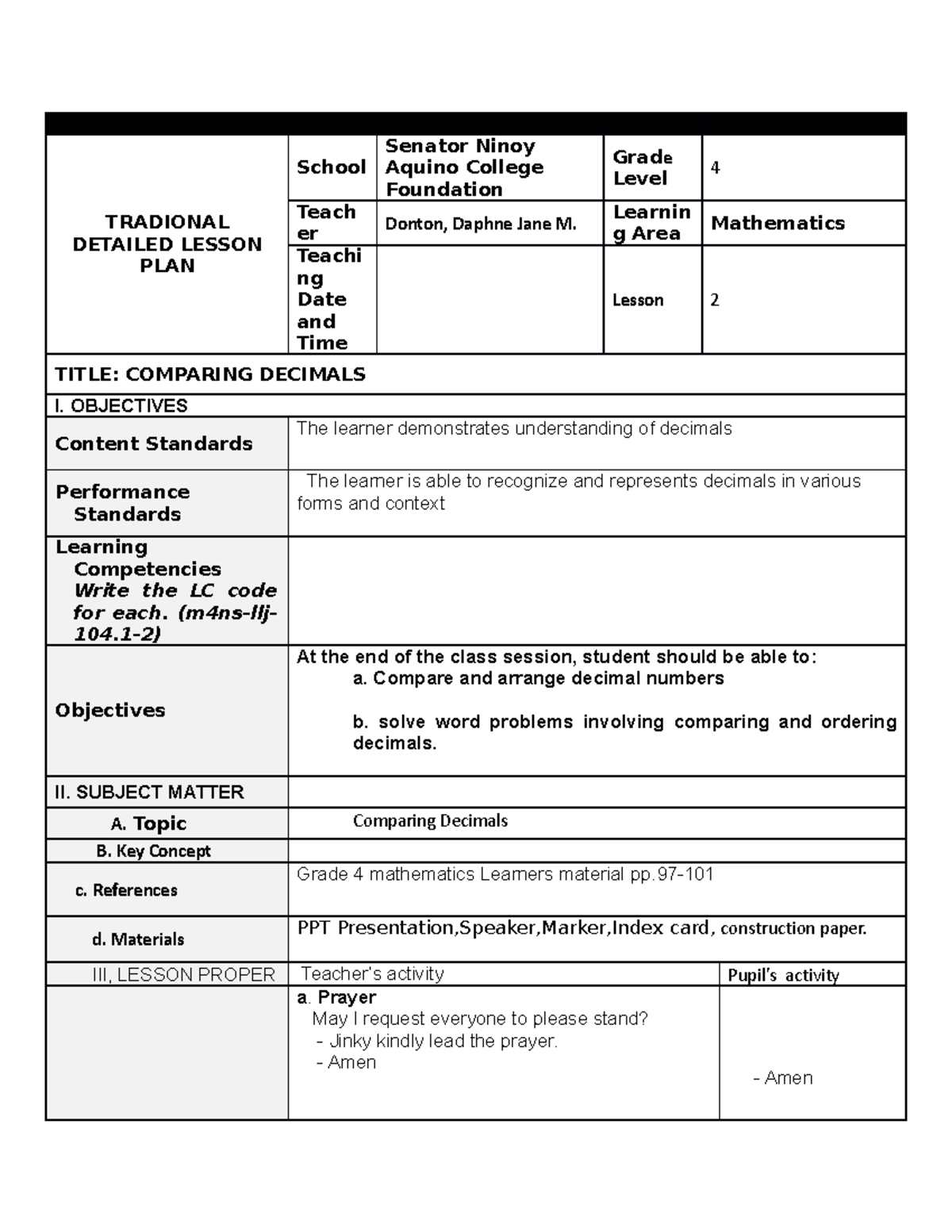Grade 4 Math Lesson Plan: Comparing Decimals (M4NS-LIJ-104.1-2) - Studocu