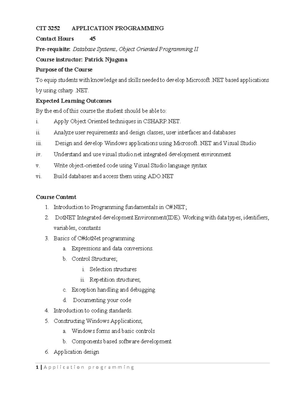 CIT 3252 Application Programming Handbook: .NET & C# Essentials - Studocu