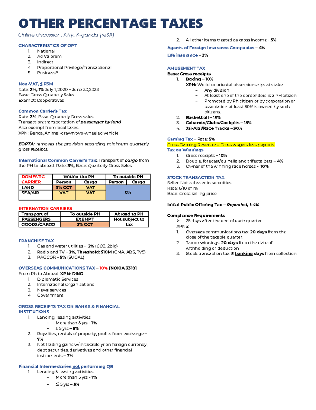 TAX 401, 402 (OPT) - Lecture Notes on Other Percentage Taxes - Studocu