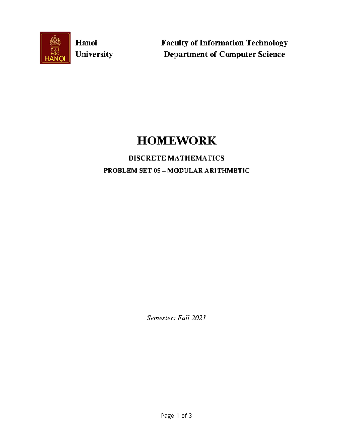 DISCRETE MATH HW 05: MODULAR ARITHMETIC (F2021) - Studocu