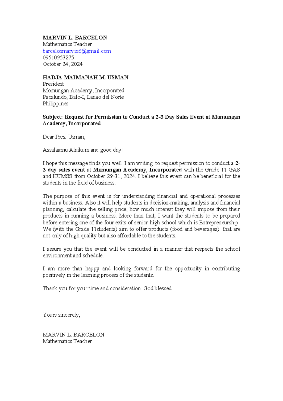 Business math letter - FOR SENIOR HIGH STUDENTS - MARVIN L. BARCELON ...