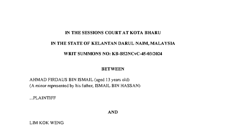 EXAMPLE Statement of Defence: Motor Accident Case No. Writ Summons ...