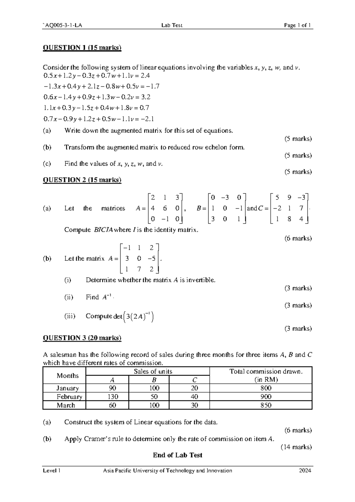 Lab Test [Q] - Linear Equations & Matrix Operations (2024) - Studocu