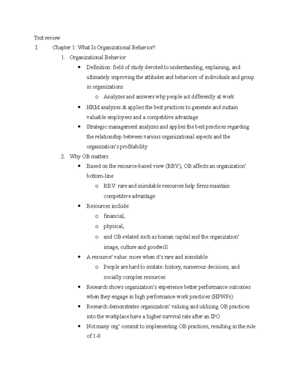 Test Review I: Chapter 1 - Understanding Organizational Behavior - Studocu