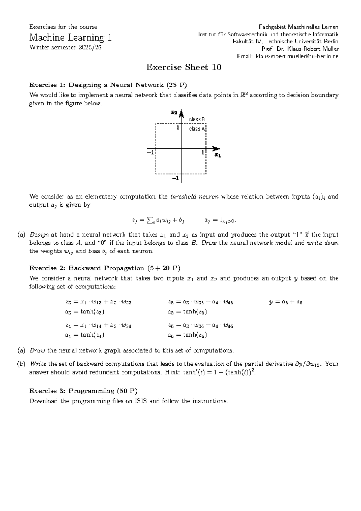 Exercises for ML 1 - Sheet 10: Neural Networks & Backpropagation - Studocu