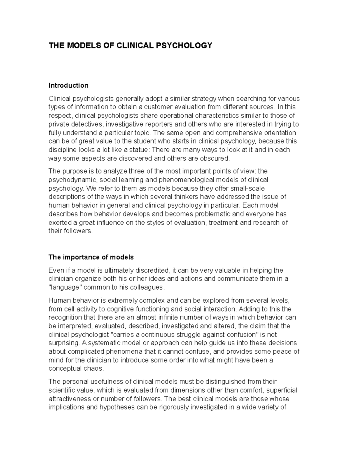 Clinical Psychology Models: Psychodynamic, Social Learning ...