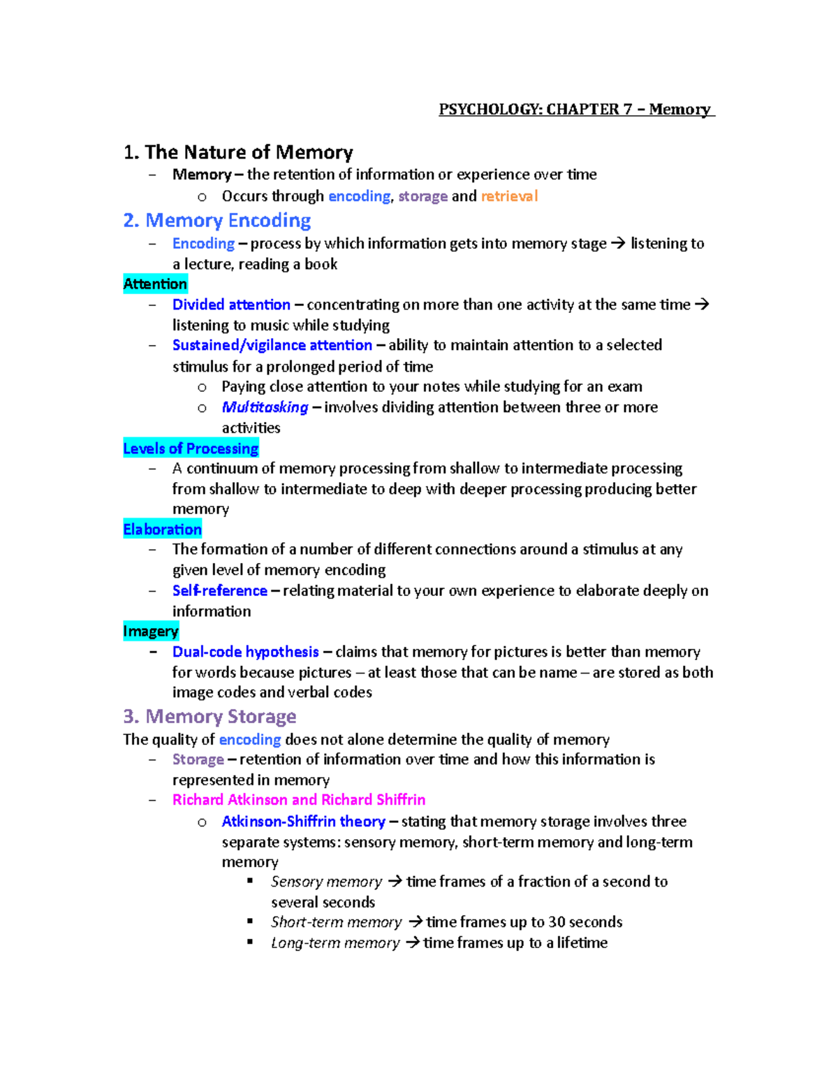 Chapter 7 Notes - Memory - PSYCHOLOGY: CHAPTER 7 Memory 1. The 