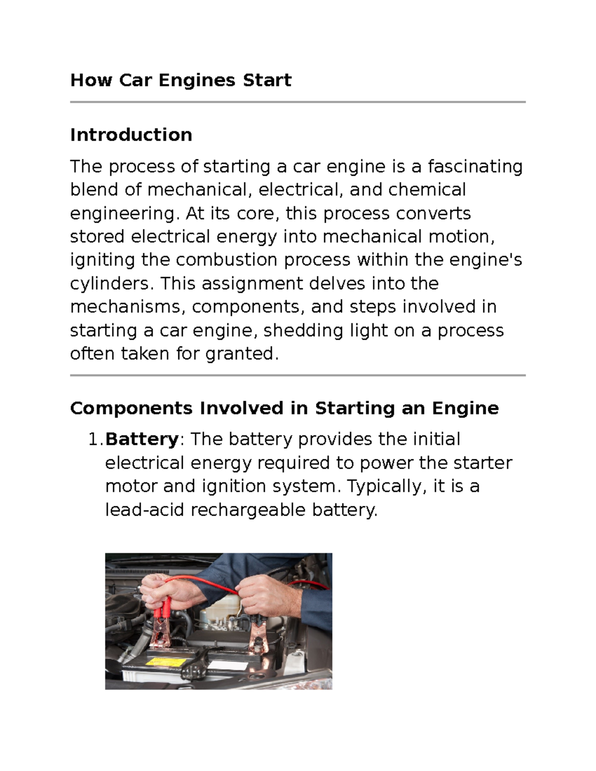BME Assignment: Understanding Car Engine Starting Mechanisms - Studocu