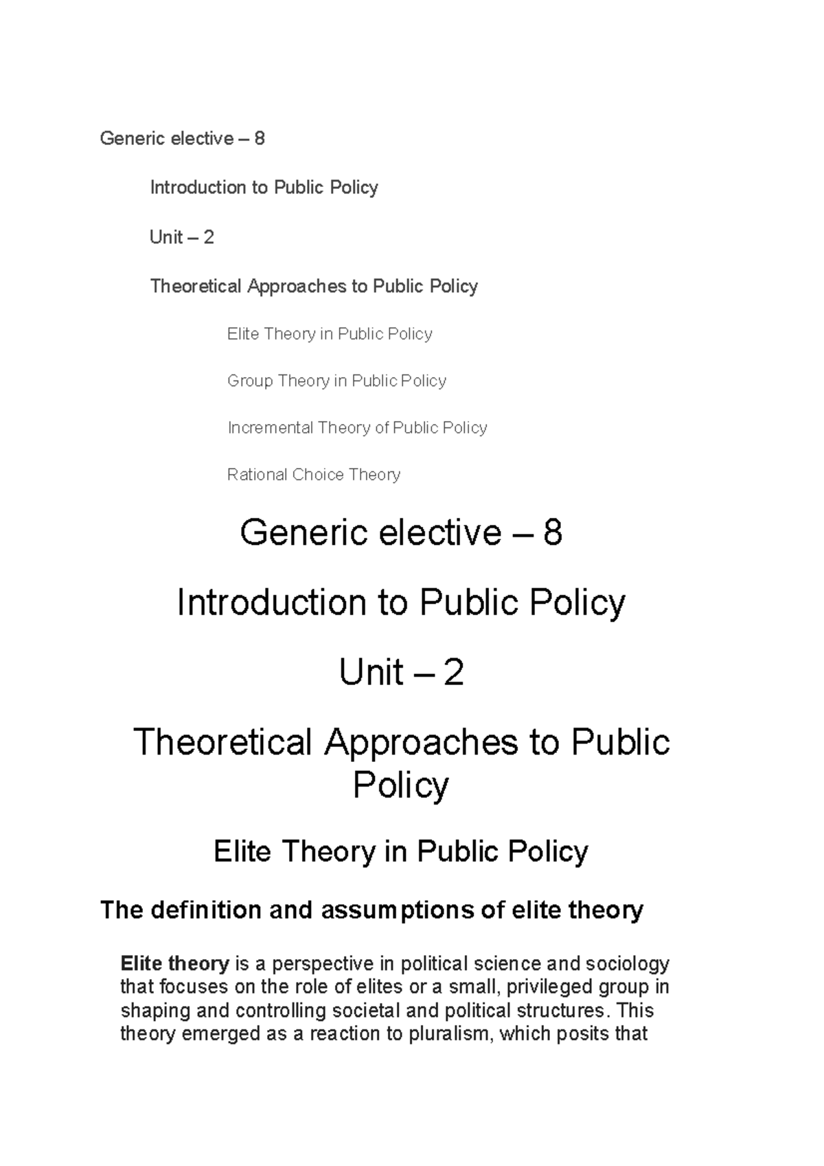 Generic Elective 8: Unit 2 - Theoretical Approaches to Public Policy ...