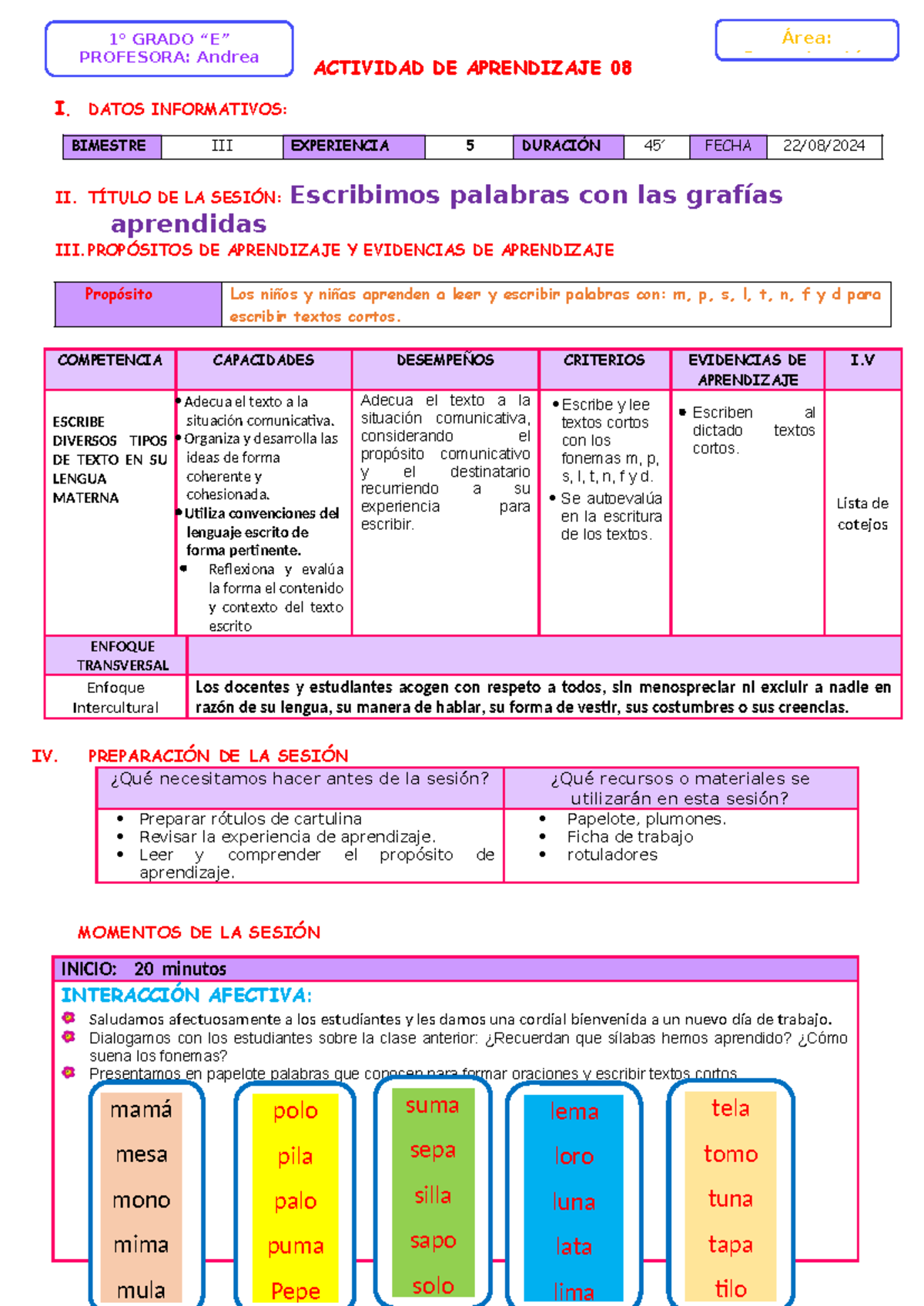 ACT 08: Escribimos Palabras con las Letras Aprendidas - Comunicación ...