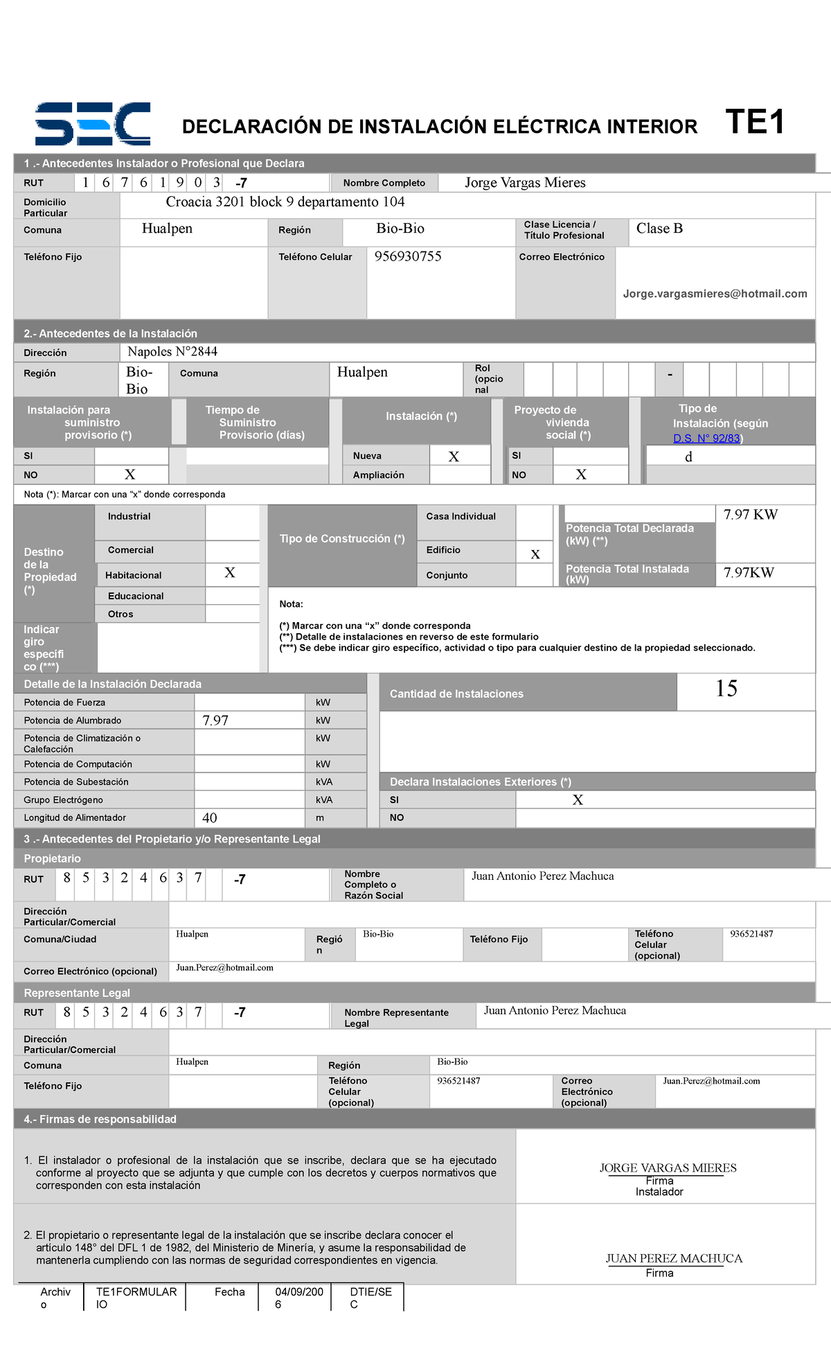 Formulario TE1 WORD - Nota: 6 - 1 .- Antecedentes Instalador o ...