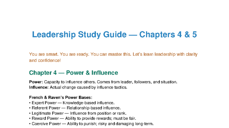 Leadership Study Guide: Chapters 4 & 5 Insights on Power & Ethics - Studocu