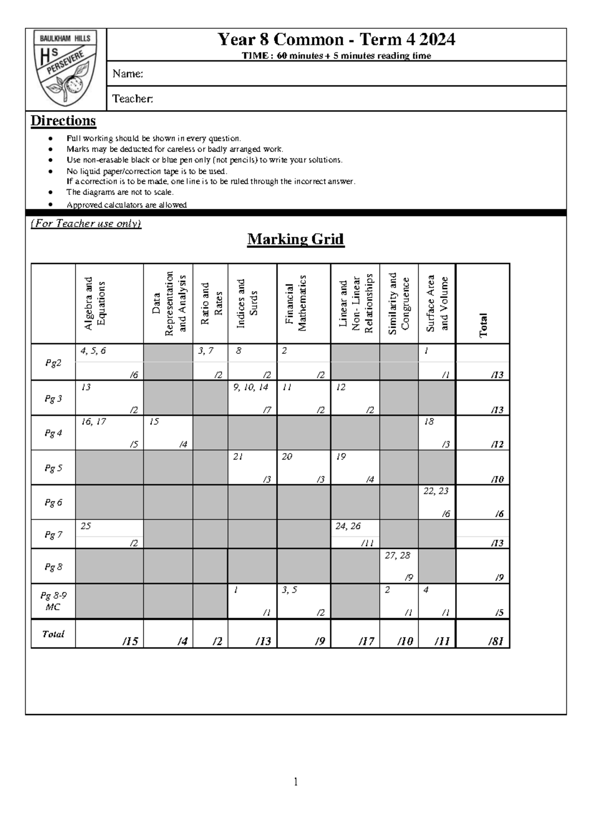 Year 8 Math Term 4 Exam 2024 - 60 Minutes - Studocu
