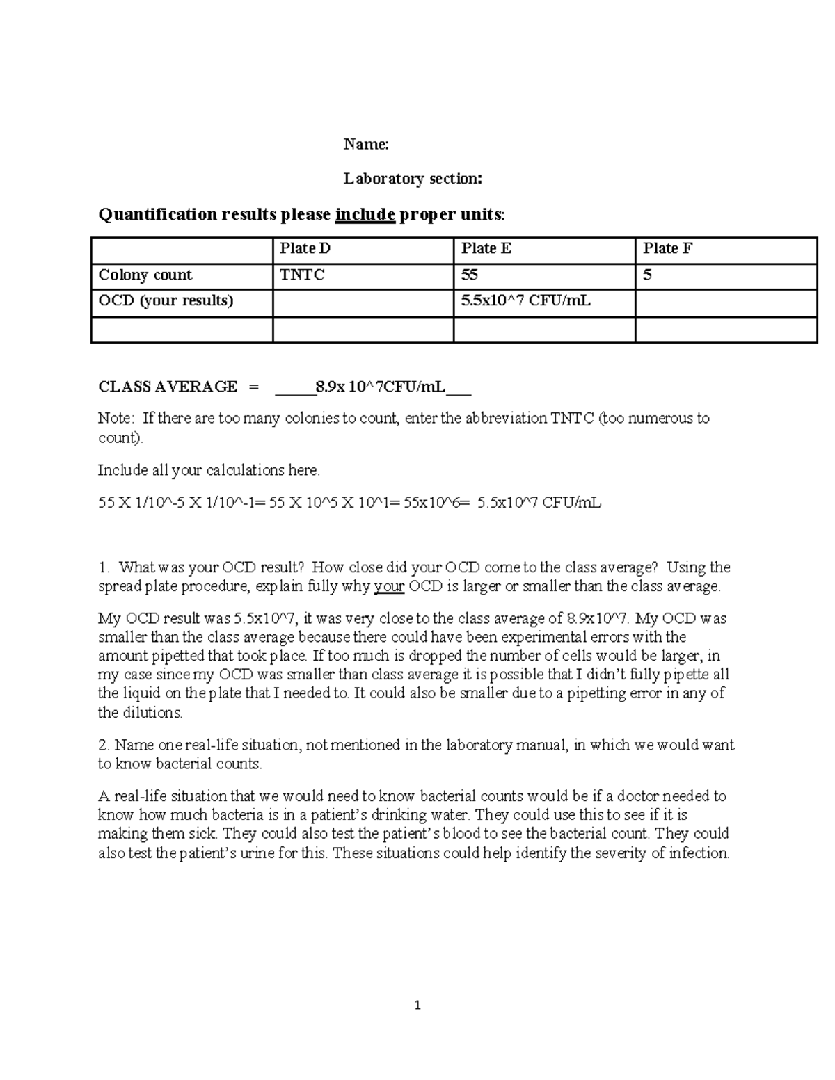 Chapter 5 Quantification of Microorganisms - 1 Name: Laboratory section ...